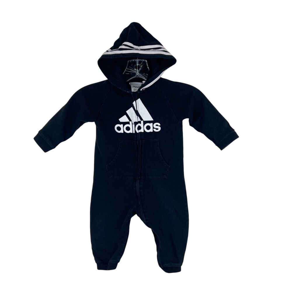 Adidas Baby One Piece Sweater 18 Months Zip Up Black White Hoodie Coverall Pants